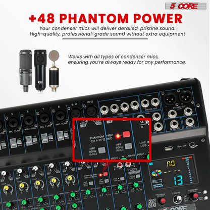 5Core Audio DJ Mixer 16 Channel Sound Board Console W 24 SPX Effect 48V Phantom Power